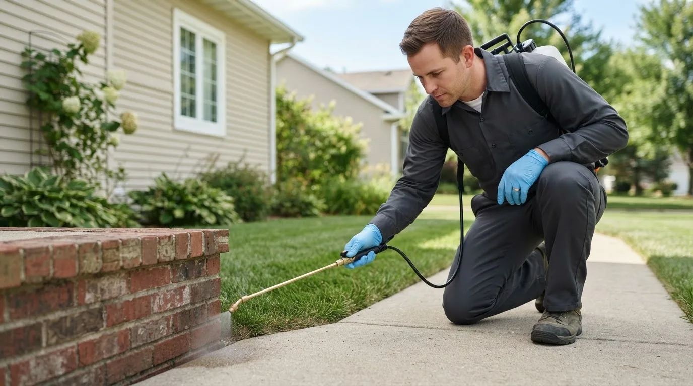 Pest control technician treating a home near La Salle, MN